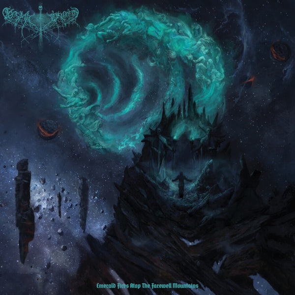 the album cover for Cosmic Putrefaction - Emerald Fires Atop The Farewell Mountains